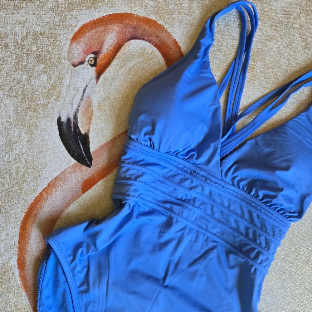 La Blanca Swimwear One Piece Bathing Suit Blue 10 Criss Cross Strappy Back